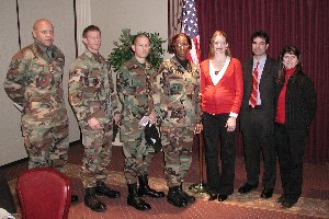 The chapter presented four Enlisted Education Grants to Tinker Airmen and three Presidential Awards for Excellence in Science and Mathematics Teaching during the February luncheon.  Recipients of the awards were:  (left to right)
Staff Sgt. Kirk Anderson, USAF; Sr. Airman Bryan Poynter, USAF;
Sr. Airman Diego Romero, USAF; Lt. Col. Kyna McCall, USAF;
Christy Brown, Putnam City Academy; Roy Diehl, Cheyenne Middle School; Kelly Snyder, Little Axe High School.
Not pictured was Sr. Airman Joshua Smith, USAF.